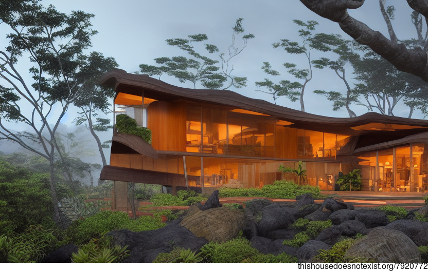 A modern home in Hawaii with an exposed wood interior and curved bamboo rocks