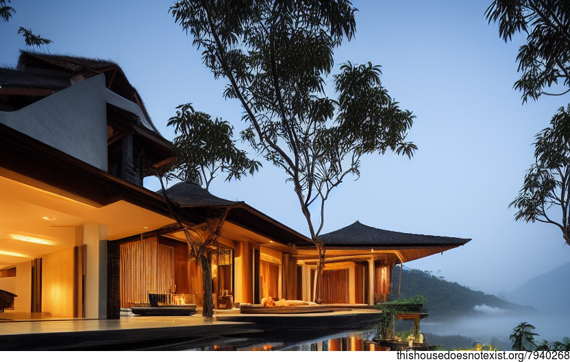 Exposed Wood, Curved Bamboo, and Rocky Exterior