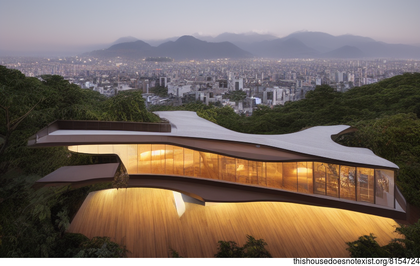 A House Designed with Exposed Wood, Curved Bamboo, and Hot Spring Steam