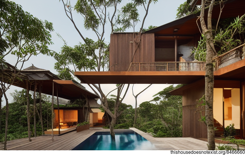 A modern home designed with wood, stone, and bamboo, with a curved exterior and exposed rocks