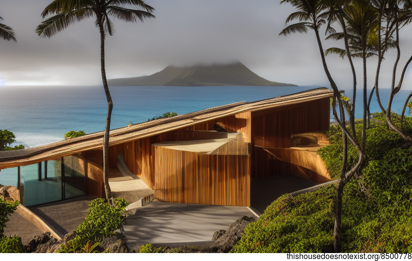 A Wood, Stone, and Bamboo Hawaii Home with an Exposed Wood Interior and Curved Rocks