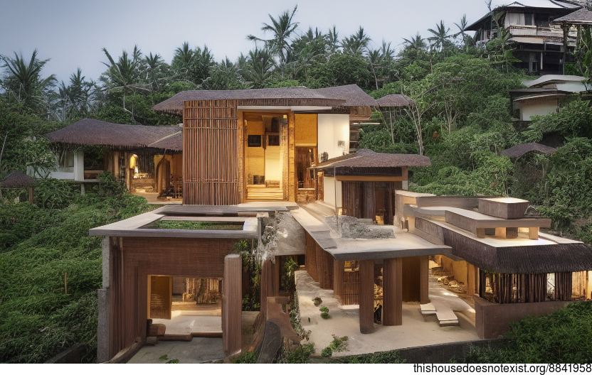 A modern home with wood, stone, and bamboo elements designed for the harsh Bali climate