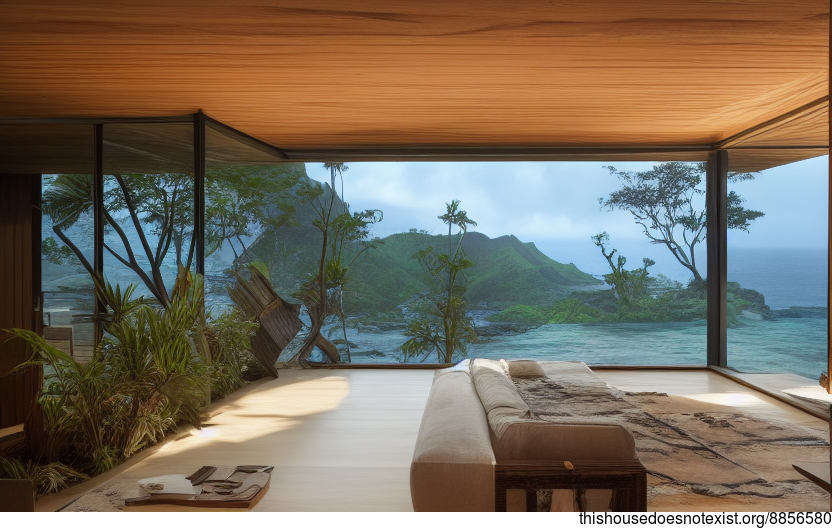 A modern home in Hawaii that is designed with wood, stone, and bamboo elements