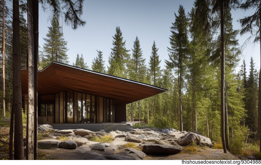 A Modern Architecture Home in Canada with an Exposed Wood Exterior and Curved Bamboo Rocks