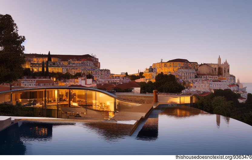 A modern architecture home in Lisbon, Portugal with an infinity pool and stunning views of the sunset