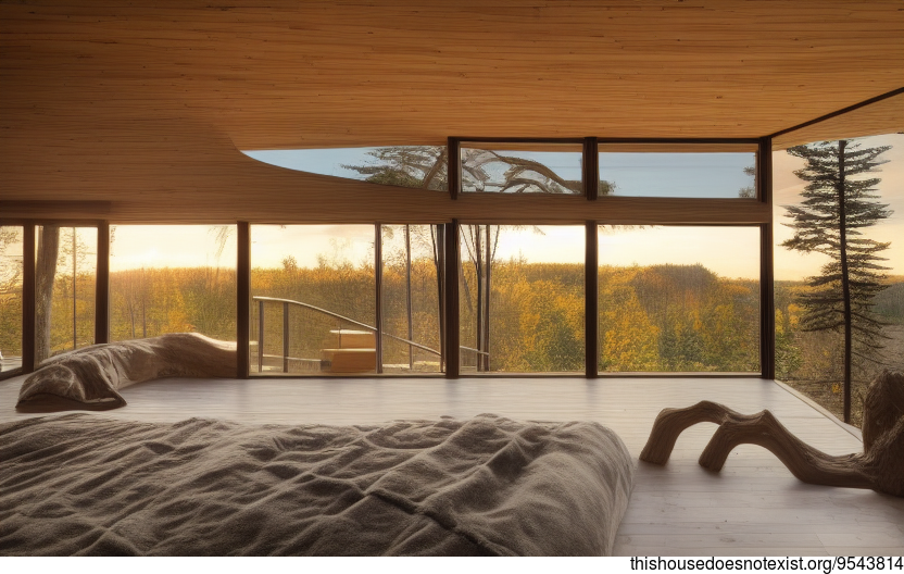 A modern architecture home in Ottawa, Canada that is designed to take in the sunrise with exposed wood and curved bamboo rocks