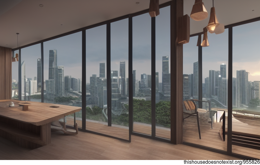A modern home with stunning views of the sunrise over downtown Singapore, designed with exposed wood, glass, and rocks