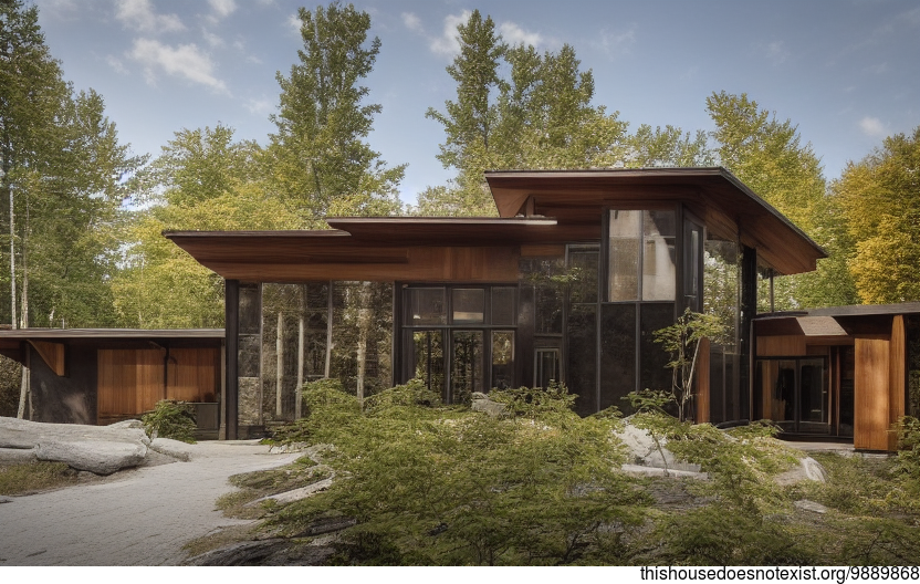 A modern architecture home in Ottawa, Canada that is designed with wood, stone, and bamboo exterior