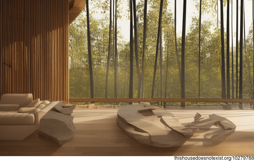 an Ottawa, Canada home with an exposed wood and curved bamboo interior, and rocks from the nearby sunrise