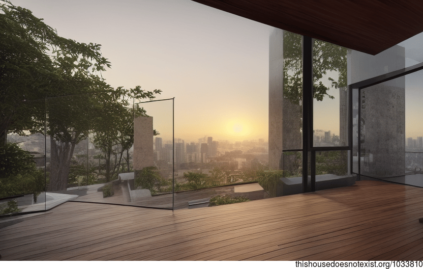 A modern architecture home in Singapore with an exposed wood and glass facade and a view of the downtown skyline