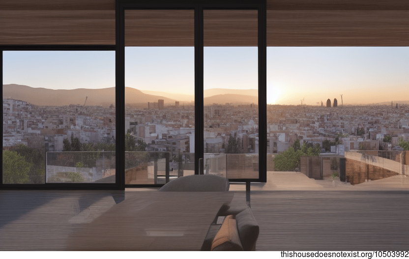 A modern home in Barcelona that is designed with an exterior of glass and stone and an interior of exposed timber, all while being within the downtown city
