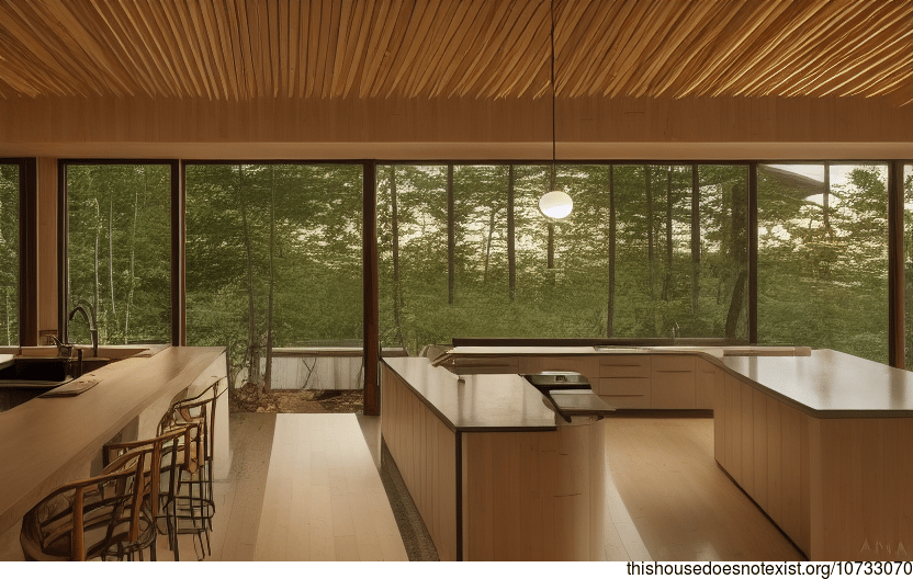 An Exposed and Curved Bamboo Living Room and Kitchen