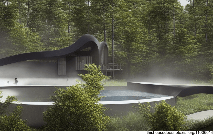 A Modern Home with a Sunset Steam Pool and Exposed Curved Black Stone