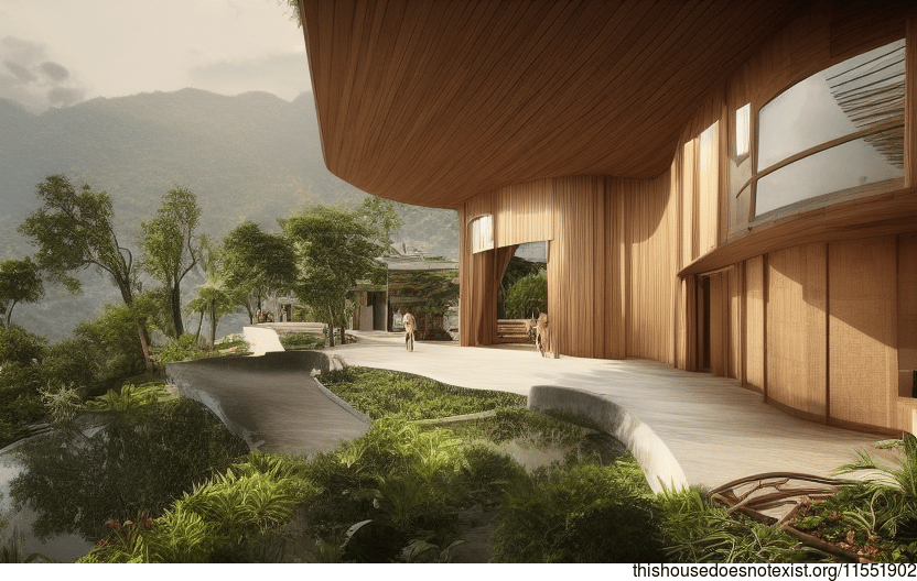 A Modern Architecture Home in Bangkok with Exposed Wood, Curved Bamboo, and Rocks