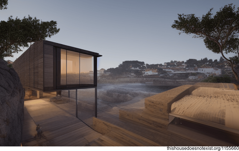 A modern architecture home with an exterior of exposed timber, glass, and rocks, with a steaming hot spring outside