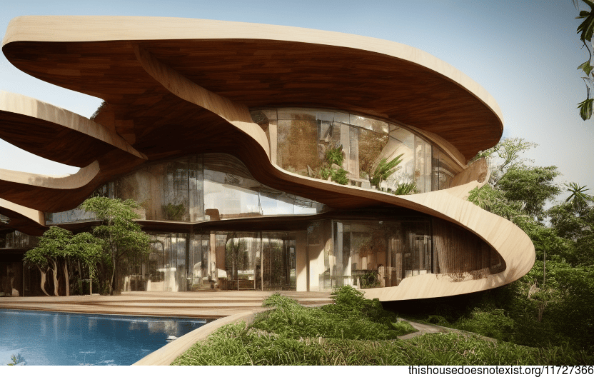A Modern Architecture Home in Bangkok, Thailand That's Both Exposed Wood and Curved Bamboo with Rocks