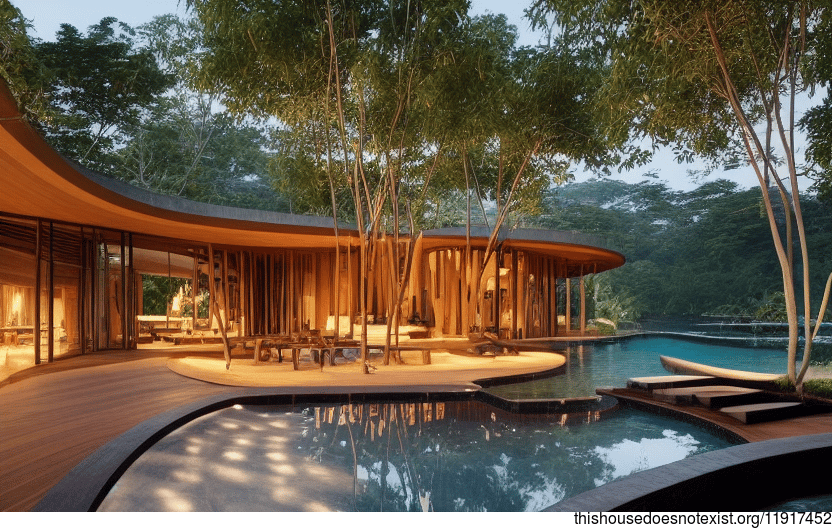 A Curved Bamboo and Stone House in Thailand with an Infinity Pool