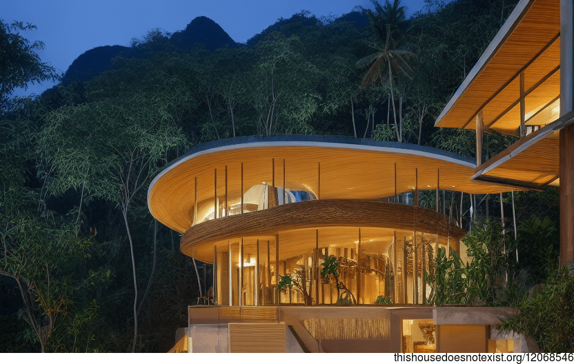 Wood, Stone, and Bamboo House Exterior at Night