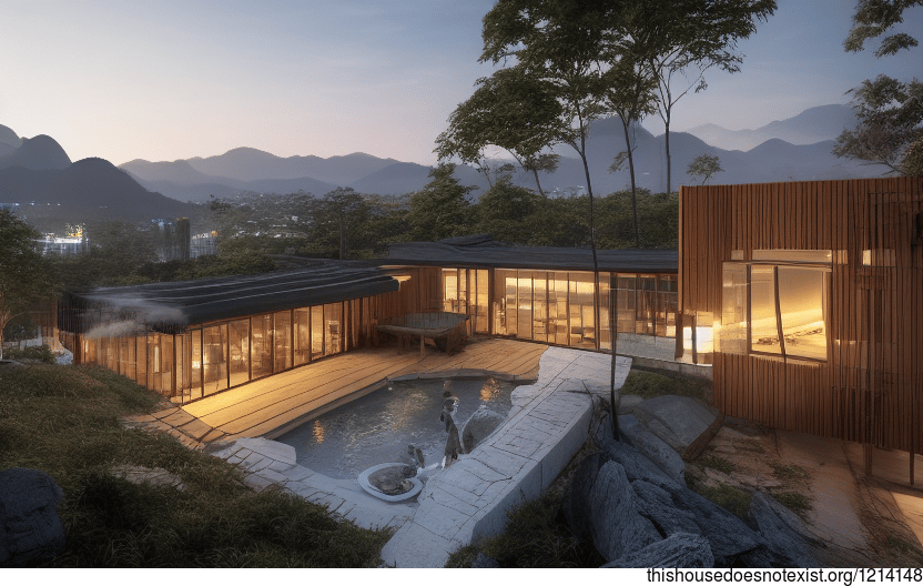 A Taipei sunrise through the glass and timber of a modern house designed around a steaming hot spring