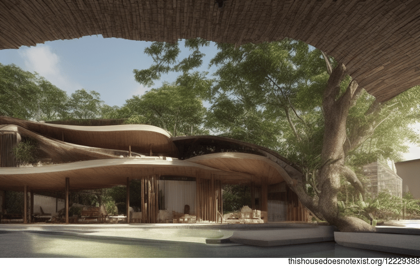 A modern architecture home in Bangkok, Thailand with exposed wood, curved bamboo, and rocks