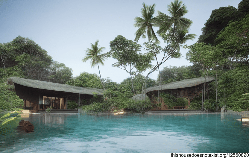 A Modern, Sustainable Home in Thailand With an Infinity Pool and Exposed Wood Curved Bamboo Rocks