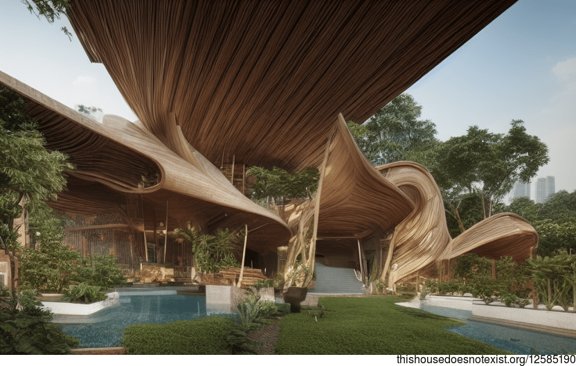 A Modern, Sustainable Home in Bangkok, Thailand made from Exposed Wood, Curved Bamboo, and Rocks