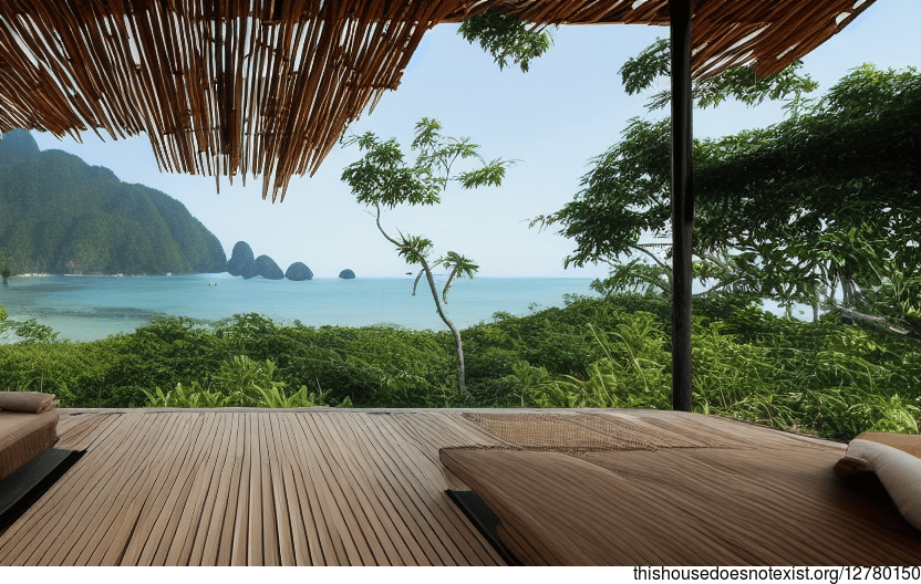 A modern architecture home on Ko Pha Ngan, Thailand, made of wood and stone, with a curved bamboo roof and rocks from the nearby Pha Ngan Beach