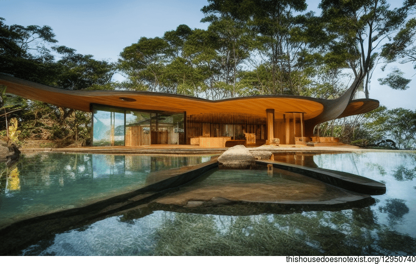A Modern, Sustainable Home in Thailand with an Exposed Wood Hot Tub and Curved Bamboo Rocks