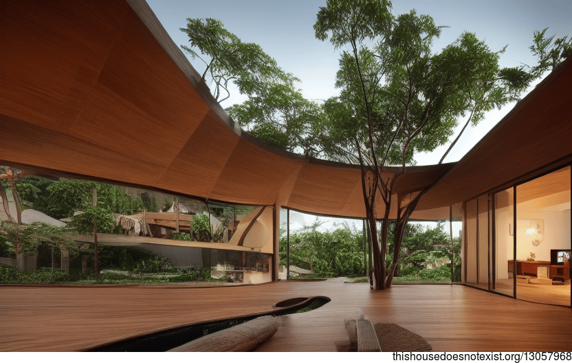 A modern, sustainable home in Bangkok, Thailand, made from exposed wood, curved bamboo, and rocks