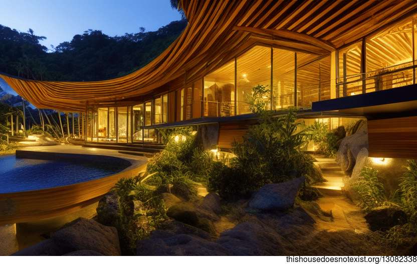 A modern architecture home in Phuket, Thailand that is made of wood, stone, and bamboo