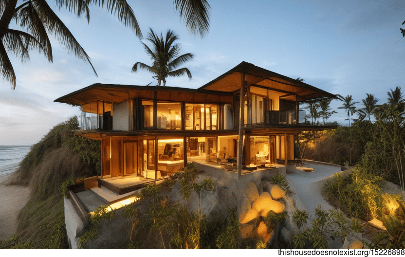 A Sunset Beach House Made of Wood, Stone, and Bamboo