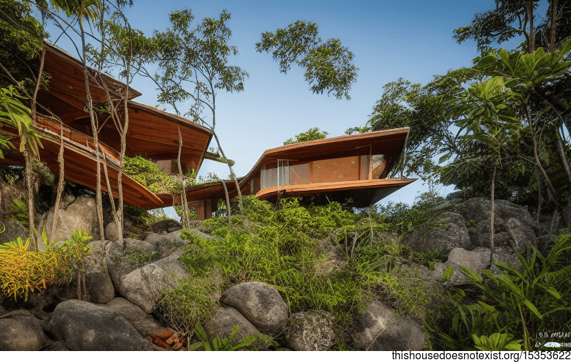 A Curved, Exposed Wood and Stone Home with Bamboo and Rocks