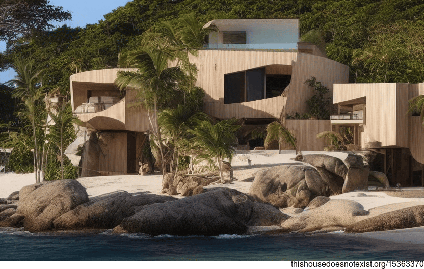 A Modern Beach House in Rio de Janeiro, Brazil with an Exposed Wood and Stone Exterior at Sunset