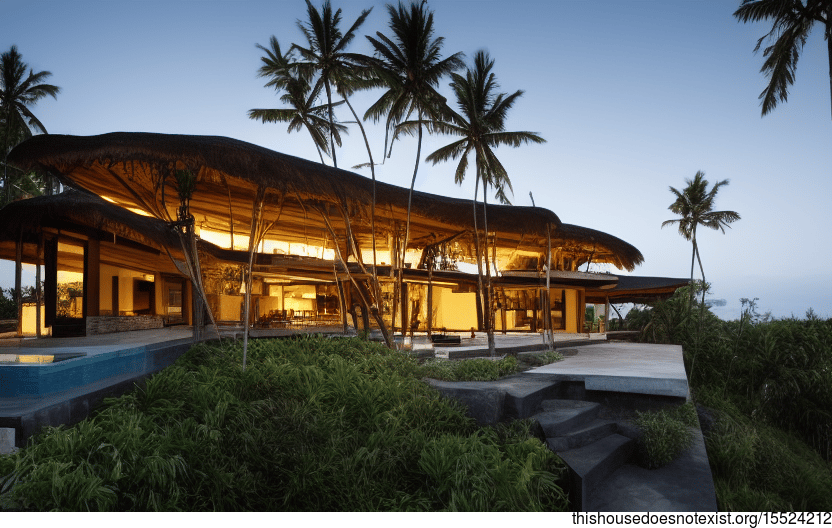 A Curved, Exposed Wood and Stone Home Designed for Enjoying Sunsets on the Beach in Bali, Indonesia