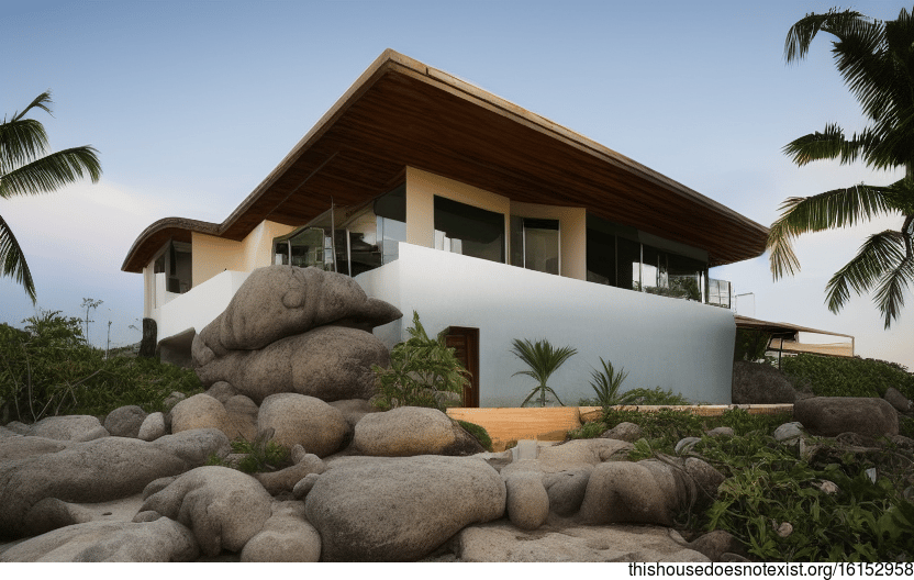 A Modern Beach House in Rio de Janeiro, Brazil with an Exposed Wood and Stone Exterior at Sunset
