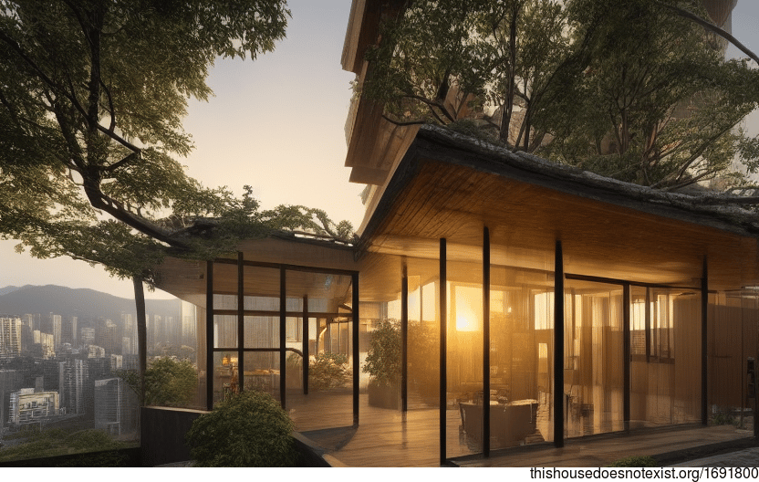 A Taipei sunrise through the glass and timber of a contemporary home designed with the rocks and hot springs of Taiwan in mind