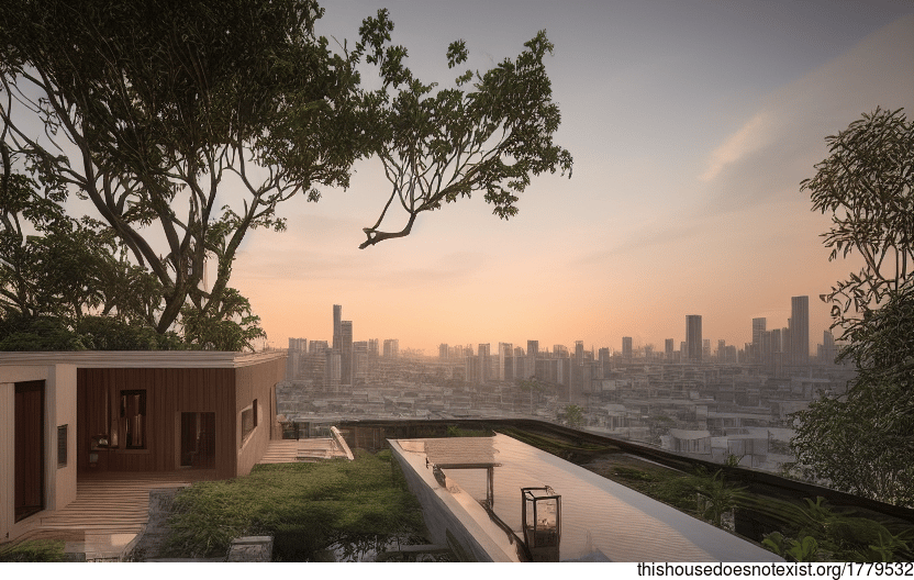 A modern architecture home with an exposed wood and glass interior, designed to take in the downtown Jakarta sunrise