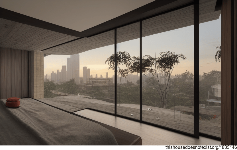 A Modern Architecture Home in Jakarta, Indonesia with an Exposed Wood and Glass Interior and a View of the Sunrise Downtown