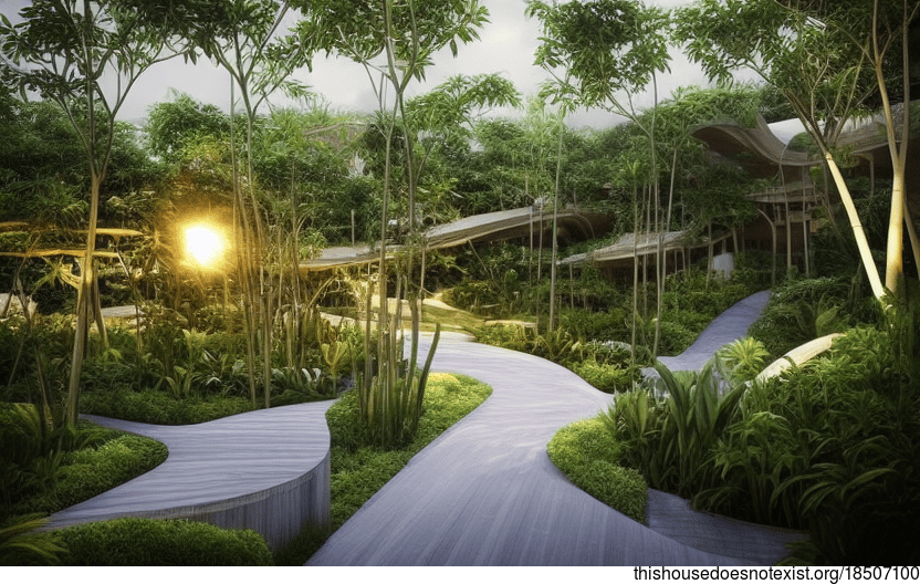 A modern home in Singapore designed with sustainable and eco-friendly architecture, featuring curved bamboo wood and trees