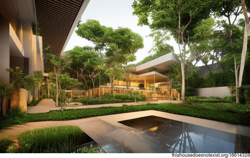 Modern Architecture Home Interior Design in Singapore with Garden and Wood Curved Bamboo