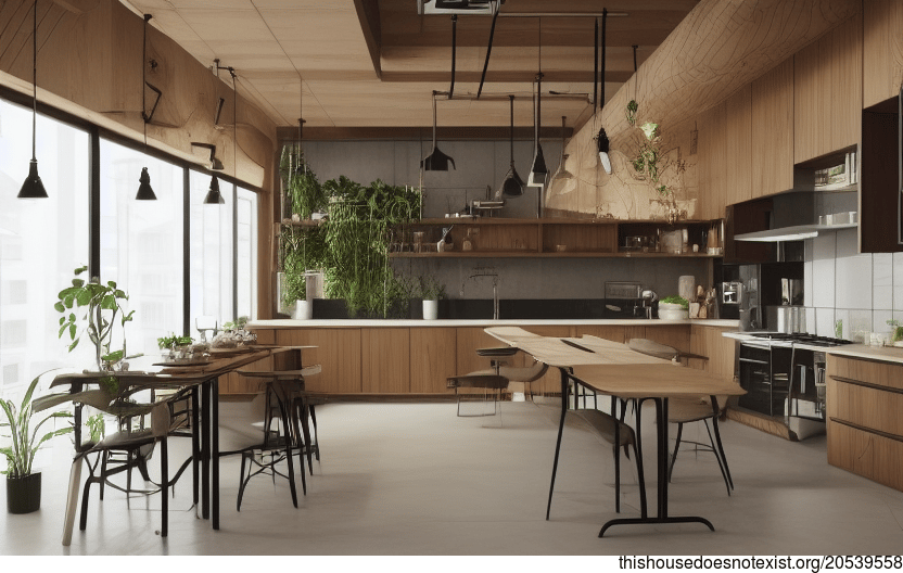 Seoul's Sustainable, Eco-Friendly Kitchen With Polished Wood and Bejuca Expodes With Meandering Hanging Plants