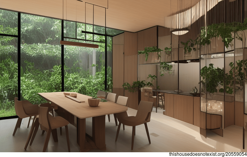 A modern and sustainable design for a dining room in Shanghai, China that features polished wood, exposed glass, and meandering vines with hanging plants