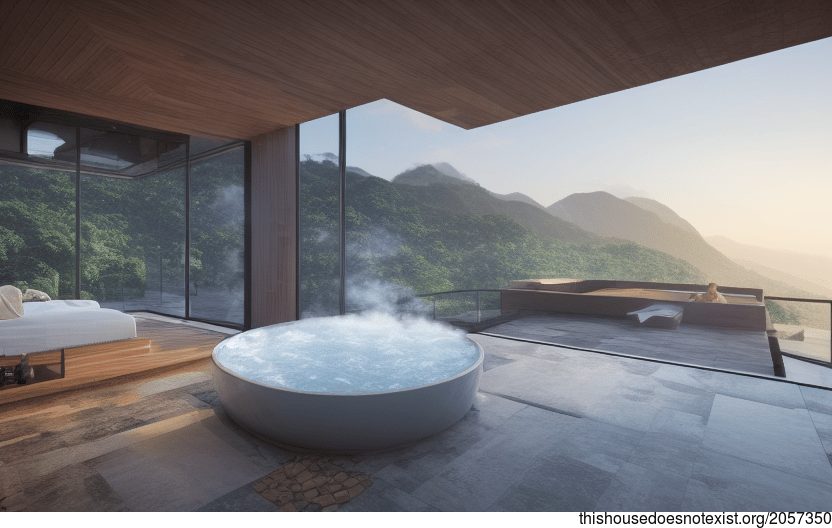 A Modern Architecture Home in Taipei, Taiwan with an Exposed Timber and Glass Exterior, Rocks and Steaming Hot Jacuzzi