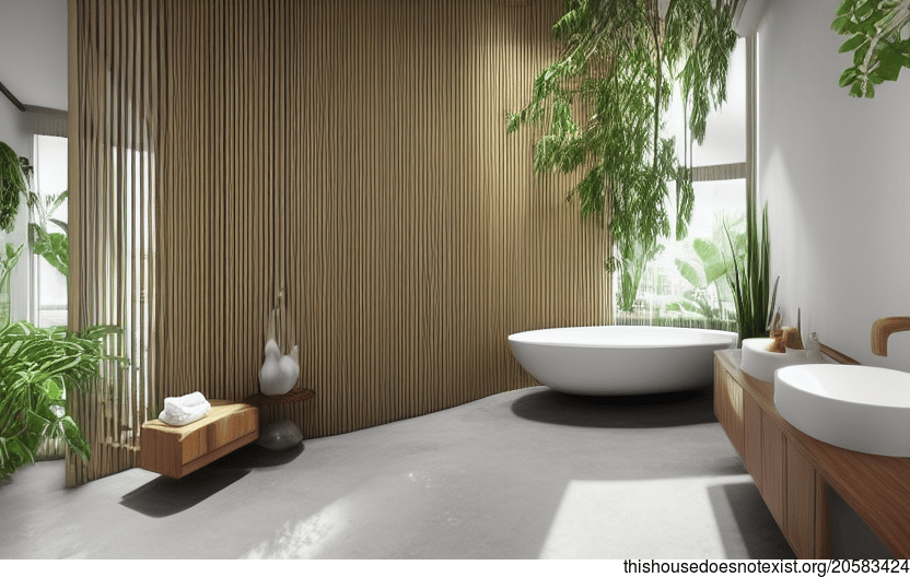 A modern Bangkok bathroom with sustainable, eco-friendly design elements including curved bamboo wood, hanging plants, and trees