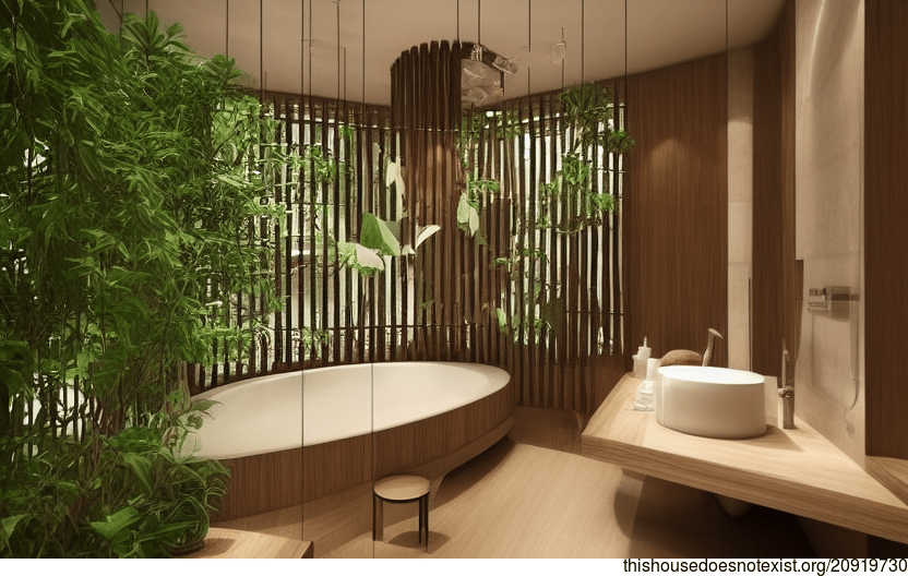 A modern, sustainable and eco-friendly bathroom design from Pinterest, featuring curved bamboo wood and hanging plants