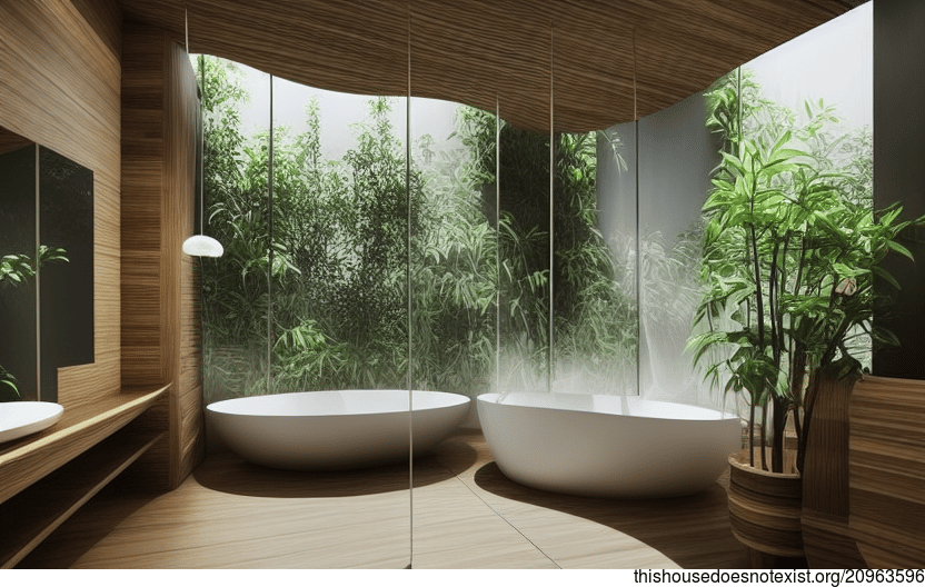 Interior Design with Curved Bamboo Wood, Hanging Plants, and Trees