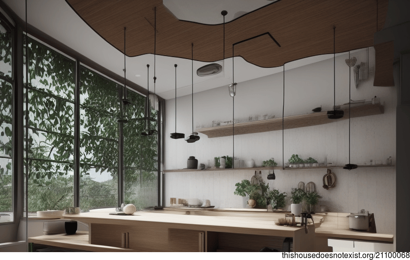 A modern, eco-friendly kitchen in Seoul, South Korea, with polished wood, exposed glass, and hanging plants