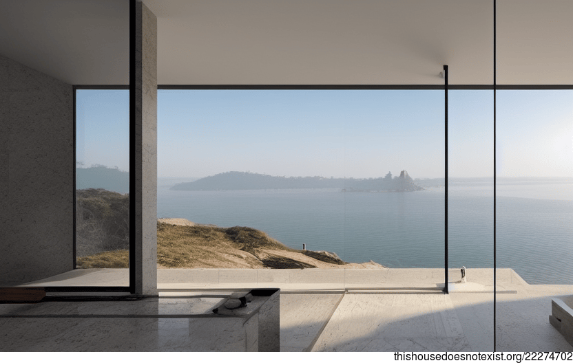 The Beach Sunrise Mumbai India Interior Bathroom with Exposed Polished Rocks, Rectangular Bejuca Wood with Mirror, Infinity Pool inside with View of Mumbai, India in the Background
