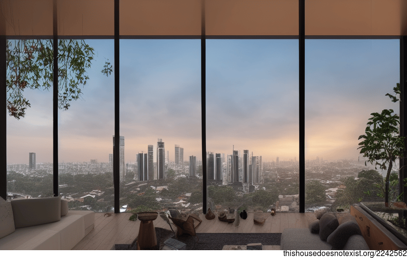 A modern architecture home in Jakarta, Indonesia with an exposed wood and glass interior and views of the sunrise downtown