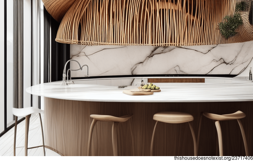 Eco-friendly, maximalist kitchen interior with curved wood, round bamboo, polished white marble, and tropic abstract canvas wall art